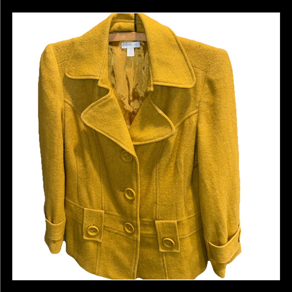 Yellow Mustard WOOL Pea Coat JACKET Notched Collar Button front womens MEDIUM P